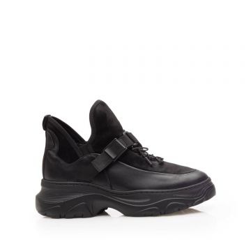 Sneakers damă din piele naturală, Leofex - 288-1 Negru Box Velur