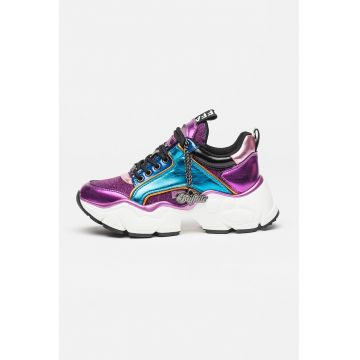 Pantofi sport demi-wedge de piele ecologica cu aspect colorblock