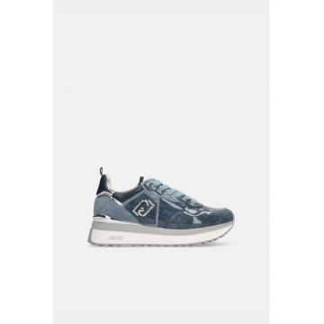 Pantofi sport flatform de piele intoarsa cu garnituri cu aspect de denim