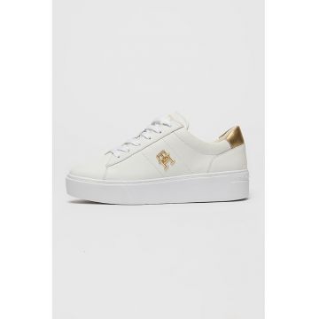 Pantofi sport din piele cu aplicatie logo aurie