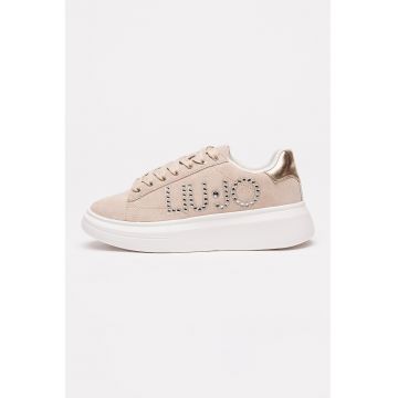 Pantofi sport wedge din piele intoarsa cu aplicatii logo - Maro taupe/Argintiu