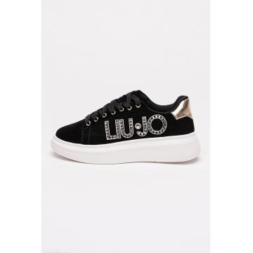 Pantofi sport wedge din piele intoarsa cu aplicatii logo - Negru/Argintiu