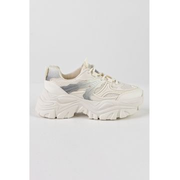 Pantofi sport de piele ecologica cu aspect masiv si garnituri de plasa - Alb murdar