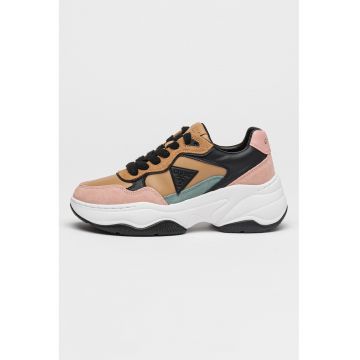 Pantofi sport din piele ecologica cu garnituri din piele intoarsa - Maro/Roz somon/Verde aquamarin