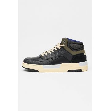 Pantofi sport mid-cut de piele si segmente de denim - Negru/Kaki inchis