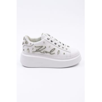 Pantofi sport wedge de piele cu strasuri - Alb/Argintiu