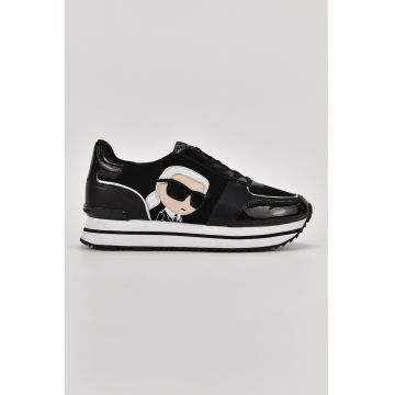 Pantofi sport flatform de piele si piele lacuita - Negru