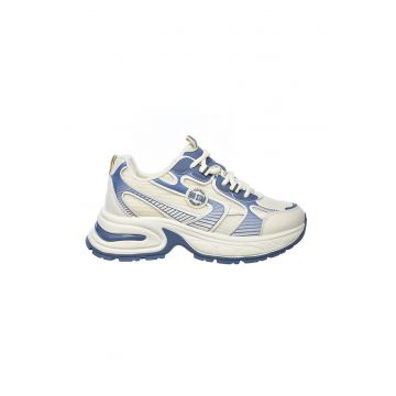 Pantofi sport cu talpa demi-wedge si insertii din plasa - Alb fildes/Albastru