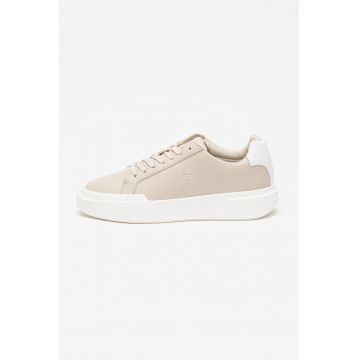 Pantofi sport de piele cu sireturi si logo stantat - Alb/Maro nisip