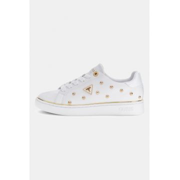 Pantofi sport din piele ecologica cu nituri si aplicatii logo - Alb