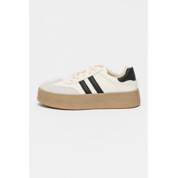 Pantofi sport flatform din piele ecologica cu garnituri din piele intoarsa ecologica - Maro taupe/Negru stins/Alb murdar