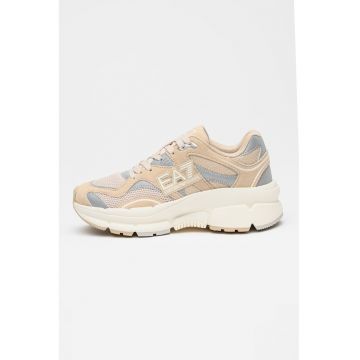 Pantofi sport cu logo si insertii de plasa - Bej/Argintiu