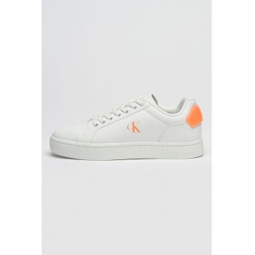 Pantofi sport de piele si piele ecologica cu logo - Alb/Portocaliu