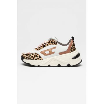 Pantofi sport Savannah cu talpa wedge si garnituri din piele - Alb optic/Bej deschis/Maro pamantiu