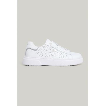 Tenisi de piele cu platforma si tinte - Alb optic