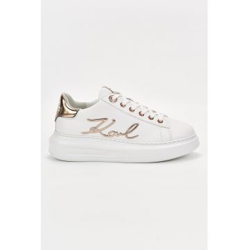 Pantofi sport din piele cu aplicatie logo metalica - Alb/Auriu rose