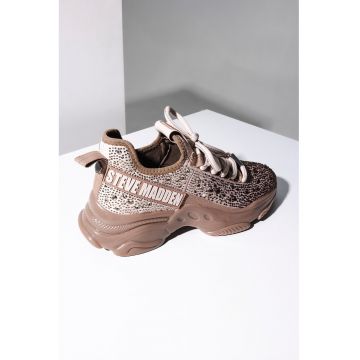 Pantofi sport din material textil cu strasuri Mistica - Maro deschis/Argintiu
