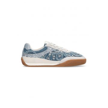 Pantofi sport de denim cu garnituri de piele si cristale - Albastru inchis/Caramel/Alb murdar