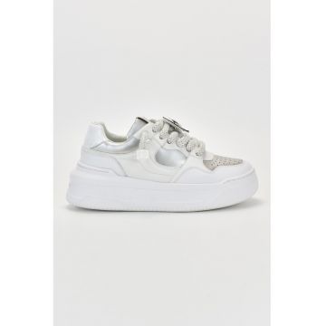 Pantofi sport de piele cu detalii perforate - Alb/Argintiu