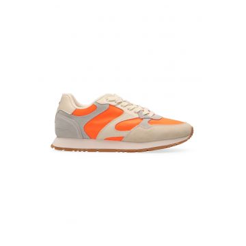 Pantofi sport din material textil si piele intoarsa - Alb fildes/Portocaliu mandarina/Grej