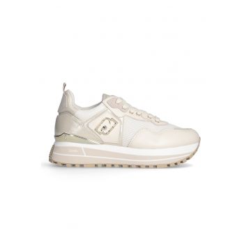 Pantofi sport din piele cu talpa wedge si straturi exterioare din plasa - Alb fildes