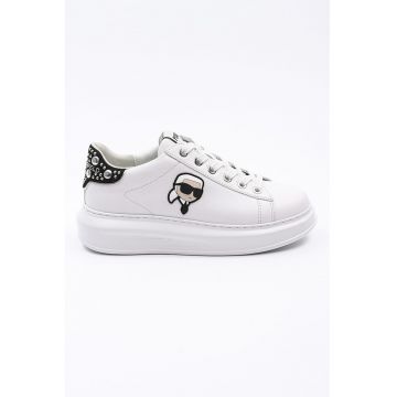 Pantofi sport de piele cu logo - Alb/Negru/Argintiu