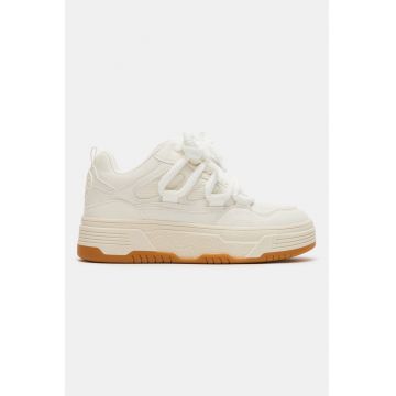 Pantofi sport de piele ecologica cu insertii de material textil - Alb/Alb murdar