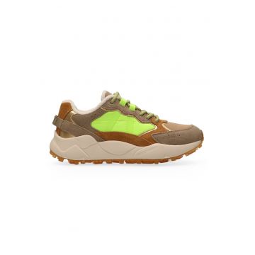 Pantofi sport de piele intoarsa cu garnituri contrastante - Maro/Verde lime