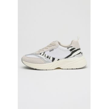 Pantofi sport de plasa si piele ecologica cu detalii animal print - Alb murdar/Argintiu/Bej deschis