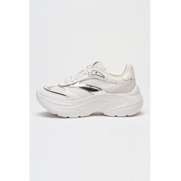 Pantofi sport din piele si plasa Kontour - Alb optic/Argintiu