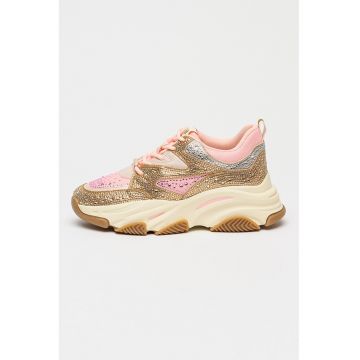 Pantofi sport wedge cu aplicatii din strasuri - Auriu/Roz deschis/Alb murdar