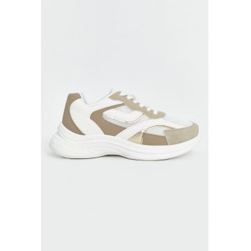 Pantofi sport wedge cu insertii de plasa - Alb/Maro deschis