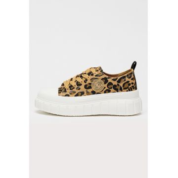 Tenisi flatform din material textil cu aplicatie logo - Negru/Maro