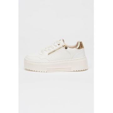 Pantofi sport din piele ecologica cu talpa flatform si detaliu cu fermoar - Alb/Auriu