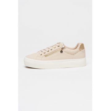 Pantofi sport low cut din piele ecologica - Maro camel/Auriu deschis