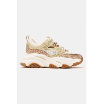 Pantofi sport wedge cu aplicatii din strasuri - Alb/Maro taupe deschis/Crem