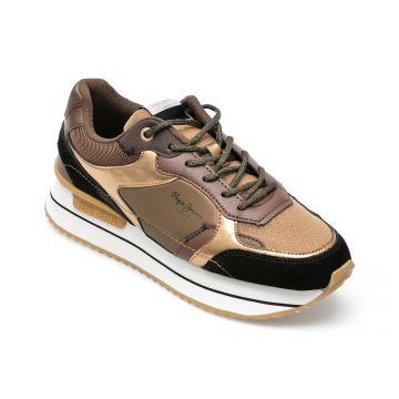Pantofi sport PEPE JEANS aurii, LS31363, din material textil si piele ecologica