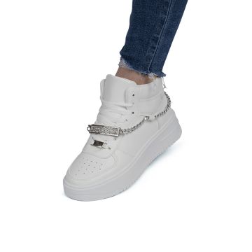 Sneakers dama din piele ecologica Albi cu lantisor si pietre Raquela Marimea 36