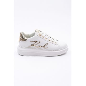 Pantofi sport din piele cu aplicatie logo metalica - Alb/Auriu