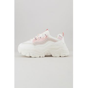 Pantofi sport demi-wedge cu segmente din material sintetic - Alb/Roz pastel